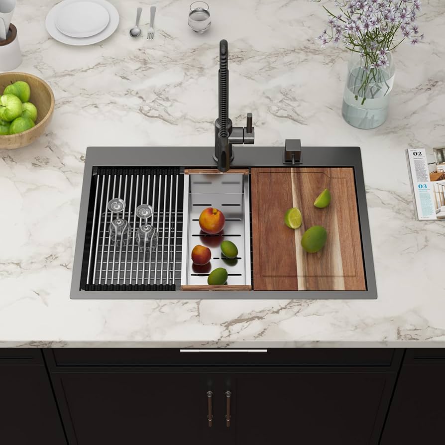 【kageko】M size Couoko 33x22 Drop In Kitchen Sink Black Workstation 16 Gauge